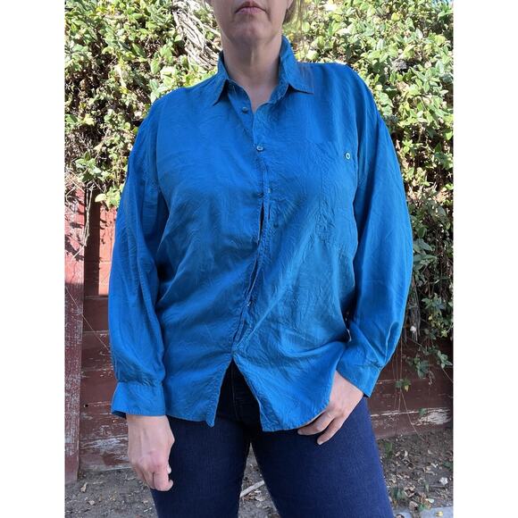 Vintage SILK Blue Button Down Shirt size Large